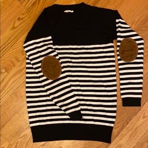 Black and cream striped sweater with elbow patches